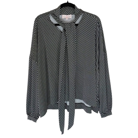 Laurie Felt Tops - Laurie Felt Striped Oversized Tie Neck Balloon Sleeve Top Size Medium